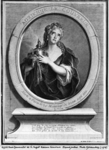 XIR382415 Adrienne Lecouvreur (1692-1730) engraved by Pierre Drevet (engraving)  by Coypel, Charles Antoine (1694-1752) (after); Musee de la Ville de Paris, Musee Carnavalet, Paris, France; (add. info.: Adrienne Lecouvreur (1692-1730) with Michel Baron she helped change traditional acting techniques of the French stage to simpler, more natural style); Giraudon; French, out of copyright